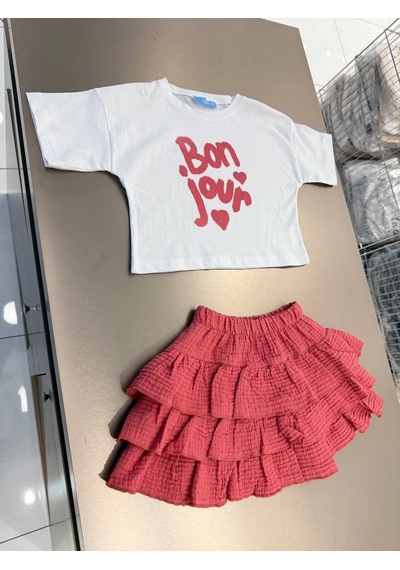 Magu Kız Çocuk Pamuklu Bonjour Baskılı T-shirt Fırfırlı Etek Takım Çok Renkli