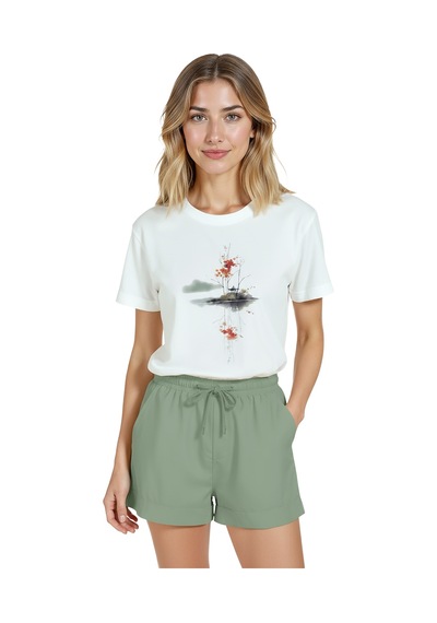 Kadın Beyaz Relaxed Fit %100 Pamuk Tişört Yansıma Ada Suluboya Beyaz