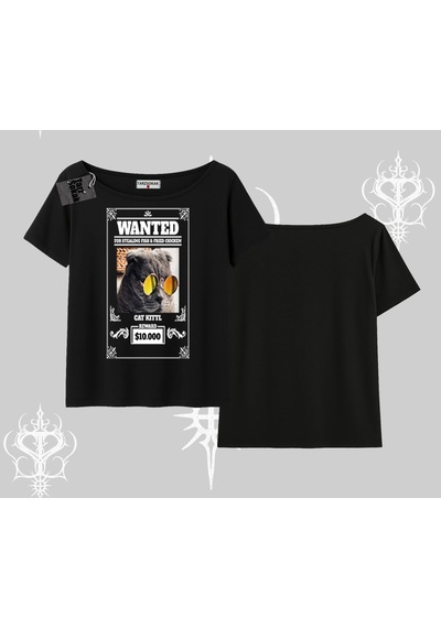 Tarzsokak Wanted Temalı Kedi Baskılı Kayık Yaka Tshirt Siyah