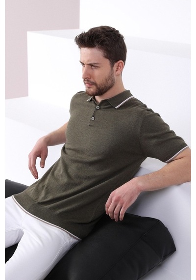 Ferraro Haki/Beyaz Yaka Şerit Düğmeli Erkek Pamuk Triko T-Shirt