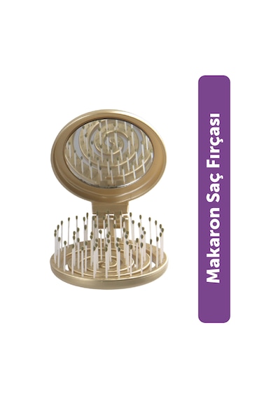 Beauty Makaron Metalik Saç Fırçası - 3d Esnek, Aynalı, Çanta Boy - Compact Detangler Altın