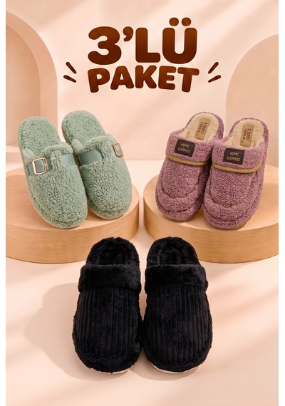 Stwenn 3 Lü Avantajlı Paket Kışlık Peluş Desenli Sessiz Ortopedik Taban Çeyiz Misafir Ev Terliği Set 3 Lü Alm-lind-snw