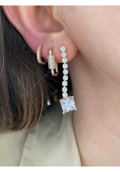 Pinery Jewels Kadın İri Kare Taşlı Sallantılı 3'lü Küpe Seti Altın