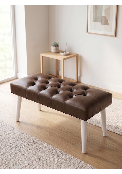 Modern Kapitoneli Acı Kahve Deri Kumaş Bench Puf Oturma Bankı Ahşap Beyaz Ayaklı Demonte 90x45 Kahverengi