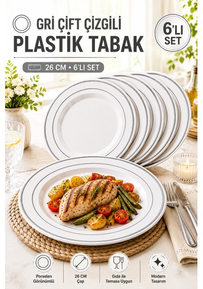 6'lı Gümüş Yaldızlı Plastik Tabak 26 Cm Porselen Görünümlü Kullan At Parti Davet Servis Tabağı