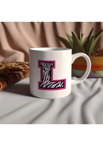 L Harfi Zebra Deseni Ve Pembe Kenarlı Kupa Bardak - Kişiye Özel Nakış Efektli - Siyah Beyaz Pembe Beyaz
