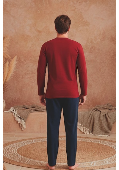 Kompedan Erkek Patlı Yaka Kareli Pamuklu Pijama Takımı Bordo Bordo