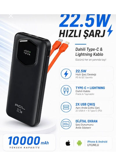 Acl Pw 139 10000 Mah 22.5w Hızlı Şarjlı Powerbank Dahili Type-c & Lightning Kablolu BEYAZ