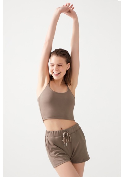 Los Ojos Kadın Haki Cepli Beli Lastikli Basic Fit Spor Şort Shorts Haki