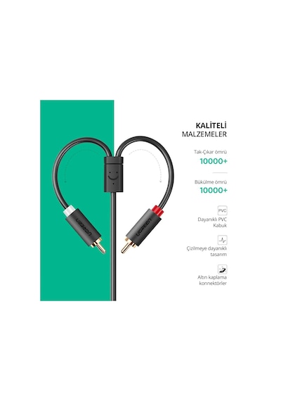 Ugreen 3.5 Mm Jack Girişi Aux To 2 Rca Ses Aktarma Kablosu 1 Metre, 10588