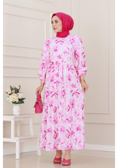 Sevitli Yarım Düğmeli Lotus Elbise-pembe-5248 Pembe