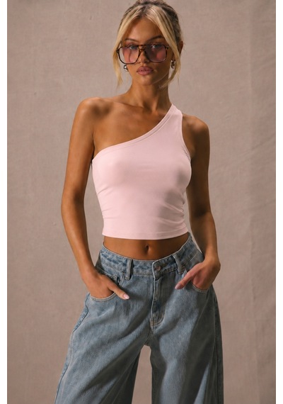 Cool Tarz Kadın Tek Omuz Crop Atlet Esnek Slim Fit Süprem Kumaş Asimetrik Yaka Bluz Pembe Pembe