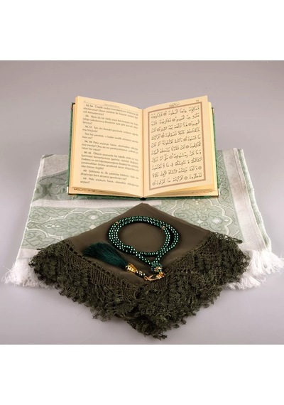 Şal + Seccade + Tesbih + Yasin Hediye Seti Çanta Boy, Şems Lafzatullah, Raşel Cilt, Yeşil