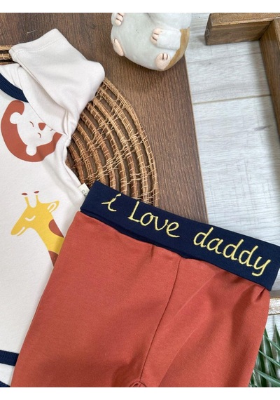 Tiwitibaby Safari Baskılı Çoraplı Alttan Çıtçıtlı Erkek Bebek Takım-zıbın Takım Kiremit