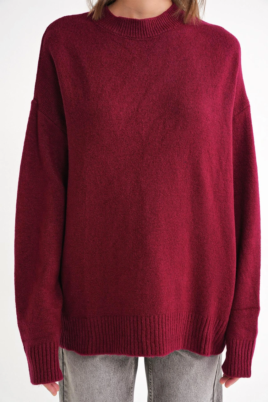 Mixray 6913 Kadın Salaş Yumuşak Dokulu Oversize Triko Kazak Bordo
