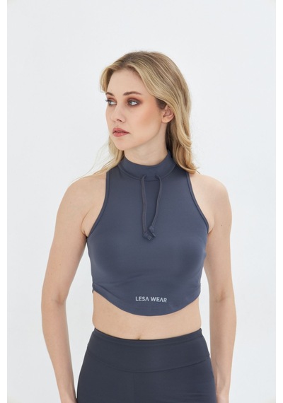 Lesa Wear Soft Touch Bedene Oturan İp Detaylı Sporcu Crop Sütyeni Antrasit