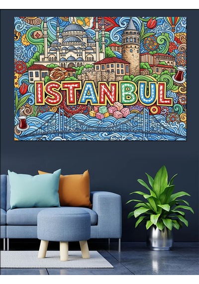 Ahşap Tablo Renkli İstanbul Yazılı Şehir Kolajı