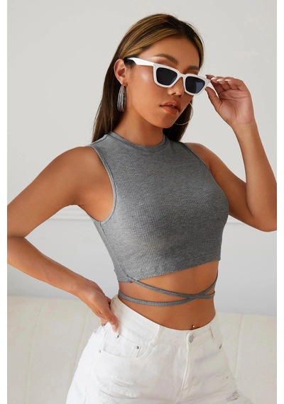Kapsulavm Kadın Gri Çapraz Bağlamalı Crop Top Büstiyer