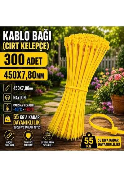 450x7,80mm Kablo Bağı Cırt Kelepçe Sarı 300 Adet
