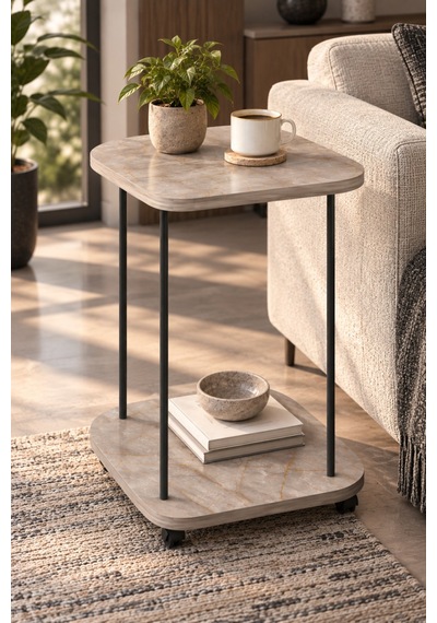 Sulorahome Tekerlekli Oval Servis Sehpası Mermer Desenli Gri