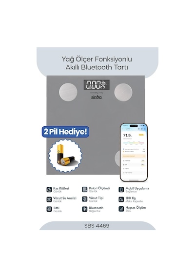 Sinbo Sbs-4469 Bluetooth Dijital Yağ Su Kas Vücut Kitle Endeksi Kilo Ölçer Tartı Baskül