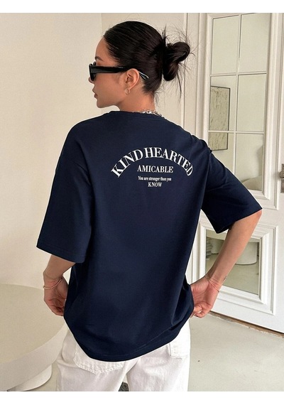 Flood Of Style Kadın Lacivert Kind Hearted Baskılı Oversize T-shirt