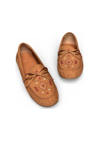 Fox Shoes Y996073102 Taba Süet Renkli Motif İşlemeli Kadın Babet Taba