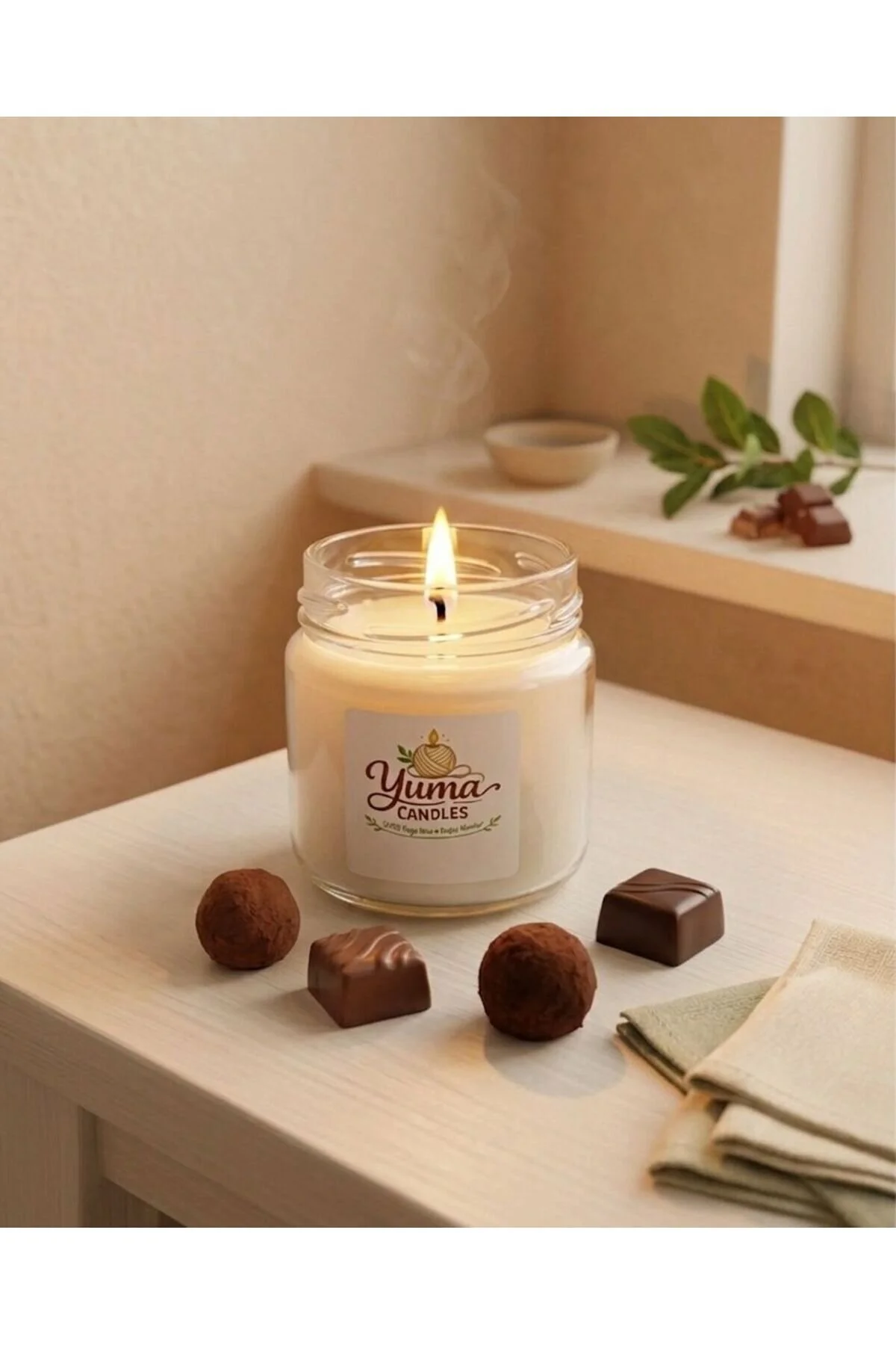 Çikolata Kokulu %100 Soya Wax 100cc Kapaklı Cam Kavanoz Mum Beyaz