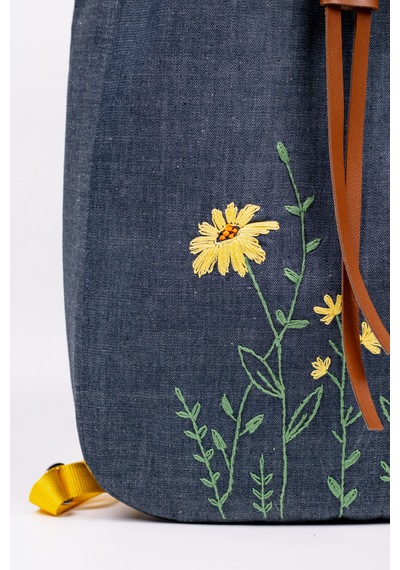 Fabric Craft Bag Sırt Çantası Kot Kumaş Çiçek Nakışlı Büzgülü Kot