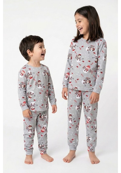 Zuzunga Unisex Yılbaşı Temalı Cute Kardan Adam Desenli Çocuk Pijama Takımı Gri