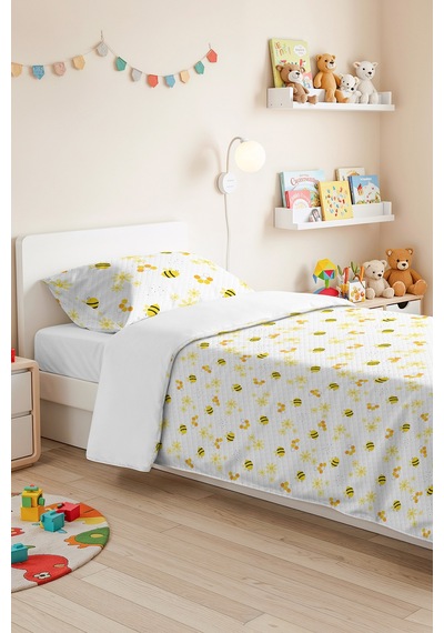 Evimde Bambaşka Arı Ve Çiçek Çocuk Odası Tek Kişilik Pike Takımı - Beyaz Minimal 160x220  CM Kapitone Yatak Örtüsü