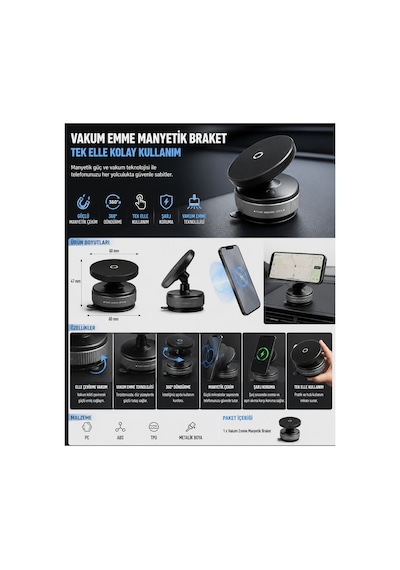 Vakum Emiş Manyetik Telefon Tutucu 360 Döner Araç İçi Manyetik Braket, Tek Elle Kullanım, Güçlü Vakumlu Torpido Telefon Standı Siyah - 883468888 Siyah Vakum Emiş Manyetik Telefon Tutucu 360 Döner Araç İçi Manyetik Braket, Tek Elle Kullanım, Güçlü Vakumlu Torpido Telefon Standı Siyah - 883468888 Siyah