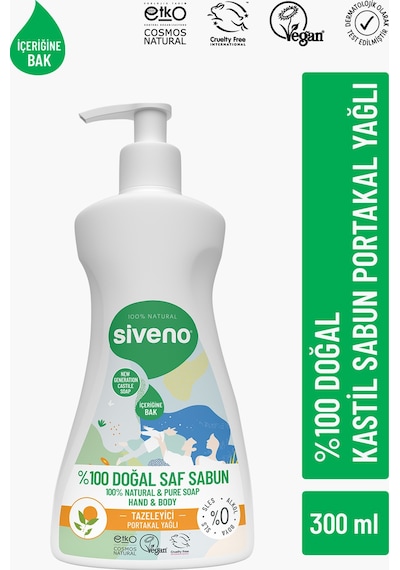 Siveno %100 Doğal Sıvı Kastil Sabun Portakal Yağlı Tazeleyici Nemlendirici Bitkisel Vegan 300 ML