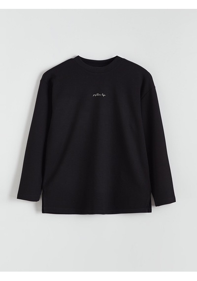 Lcw Comfort Siyah Bisiklet Yaka Nakışlı Kadın Sweatshirt