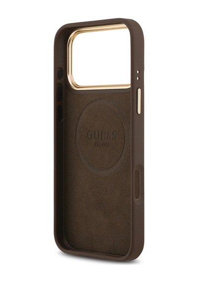 Apple Uyumlu iPhone 17 Pro Max Kılıf Guess Lisanslı M-safeli 4g Desenli Pu Metal Plaka Klasik Logolu Kahverengi Kahverengi