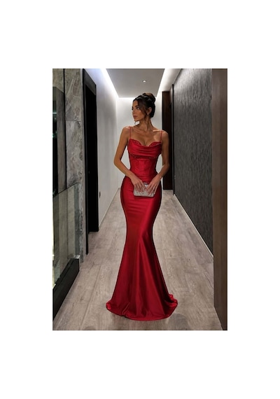 Lior Design Kadın Tasarım Saten Kumaş Kalp Yaka Askılı Abiye Elbise Kırmızı