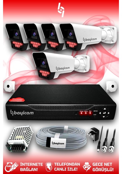 Bayicam 5 Kameralı Süper 5 Dış Kamera Set HDD'siz 5 MP 2K Net Gece Görüşlü Güvenlik Kamerası Sistemi