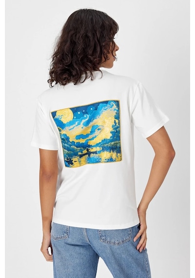 Yapay Zeka Tasarım Sırt Aplike Özel Baskılı %100 Pamuklu Penye Regular Fit T-shirt Vangogh Beyaz