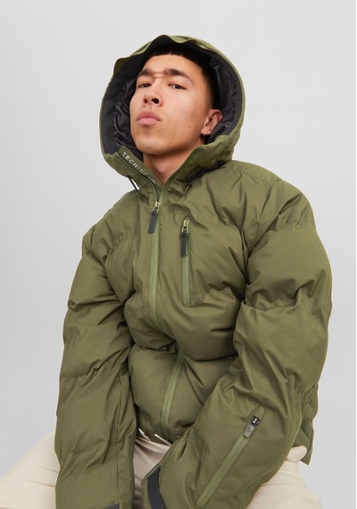 Jack & Jones Kapüşonlu Cep Detaylı Puffer Mont - Sweep 12238998 Olive Night Krem