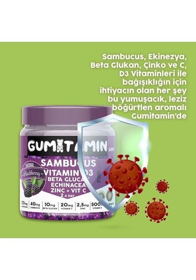 Gumitamin Sambucus Multivitamin Karamürver, Vitamin C+d3, Çinko, Beta Glukan Doğal Böğürtlen Aromalı