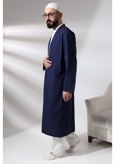 Lacivert Erkek Namaz Elbisesi V Yaka Düğmesiz Önü Açık Namaz Cübbesi 001
