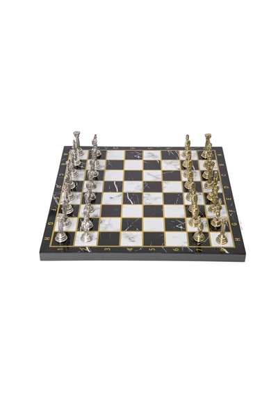 Lüks Metal Satranç Takımı Krom Kaplama Roma Ordusu Figür & Klasik Mermer Desenli Siyah Tahta 20 Cm.