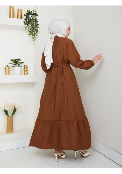 Harmatime Kadın Beli Kemerli Düğme Detaylı Çilek Kumaş Kahverengi Elbise Harmatime Kadın Beli Kemerli Düğme Detaylı Çilek Kumaş Kahverengi Elbise