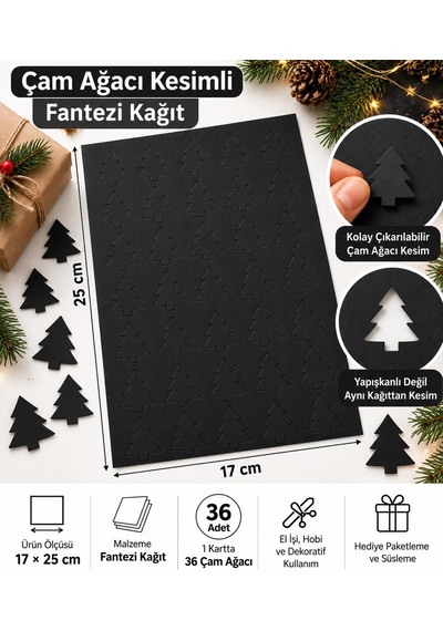 Hazır Kesim Kağıt Çam Ağacı Desen 36 Adet Siyah Fantezi Kağıt Süs, Hediye Paketleme, Dekorasyon Ve Hobi