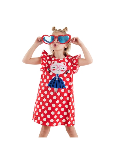 Denokids Puantiye Kedicik Kız Çocuk Poplin Elbise Kırmızı
