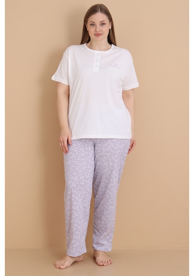 Wordex Mirano 4514 Çiçekli Kısa Kollu Pamuklu Penye Büyük Beden Kadın Pijama Takımı Ekru