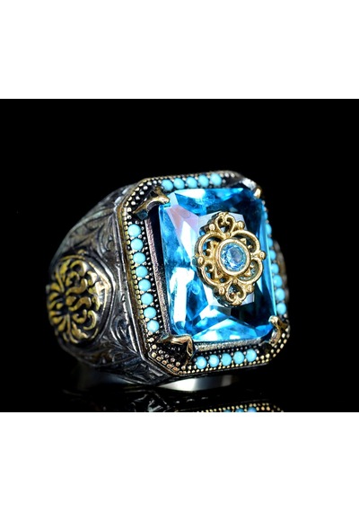 Erkekler İçin 925 Ayar Gümüş Yüzük Mavi Topaz Yapay Taşlı Gümüş