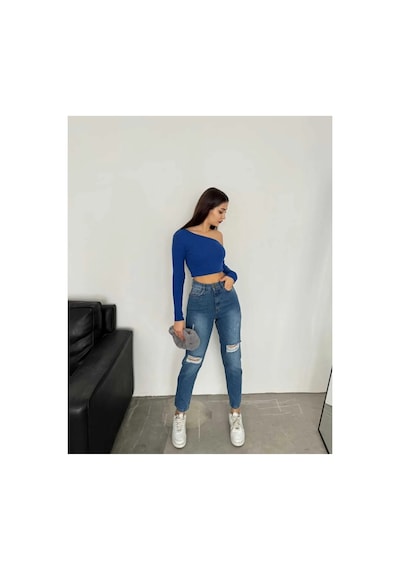 Kene Jeans Yüksek Bel Mavi Çift Diz Lazer Yırtık Mom Jeans Mavi