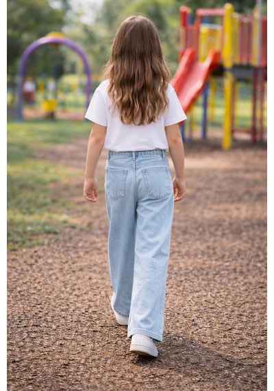 Cedy Denim Cedy Denım Yüksek Kalite Kız Çocuk Yüksek Bel %100 Cotton Palazzo Jean Pantolon Buz Mavisi