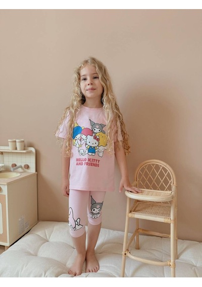 Miniko Kids Kız Çocuk Kısa Taytlı Hello Kitty Kuromi Basklı Pamuk Takım Pembe